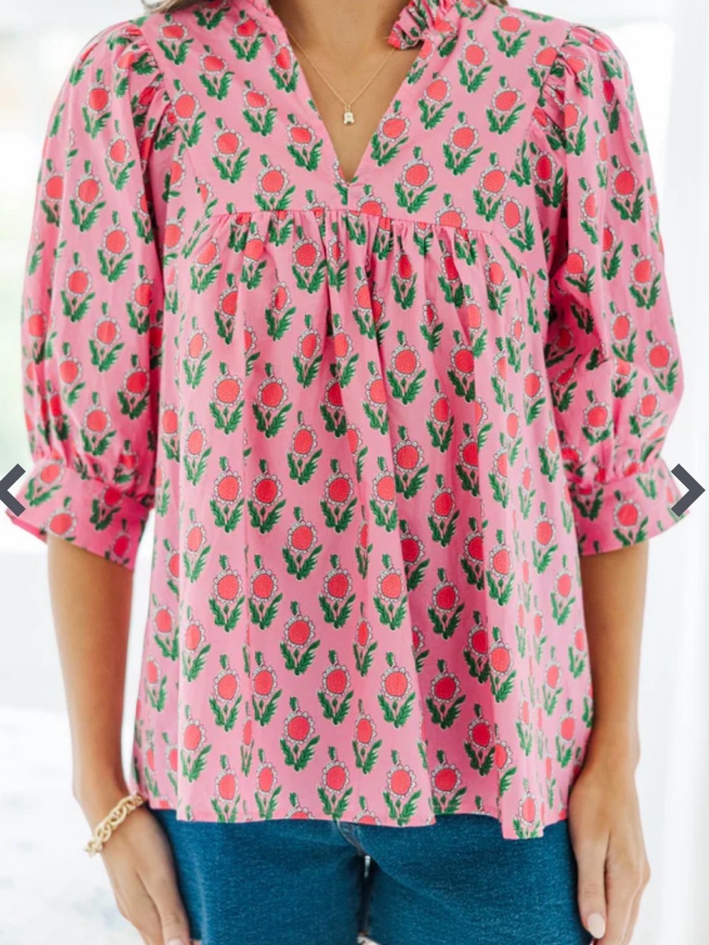 entro Pink Floral V-Neck Puff Sleeve Blouse